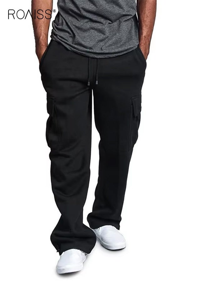 roaiss Men's Fleece-Lined Straight Leg Cargo Pants, Mid Rise Relaxed Utility Trousers with Multiple Pockets & Drawstring Waist, Warm Brushed Polyester Blend Winter Work Pants for Casual Travel Adventure Hiking, Versatile Essential, Black - Image 2